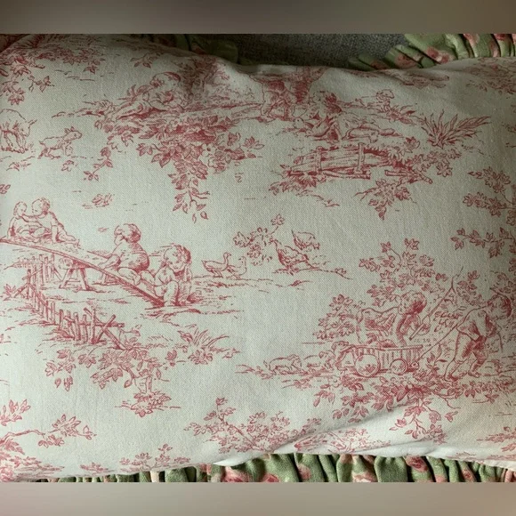 Pair of Rose Ruffled Off White & Pink Toile Pillows - Picture 6 of 12